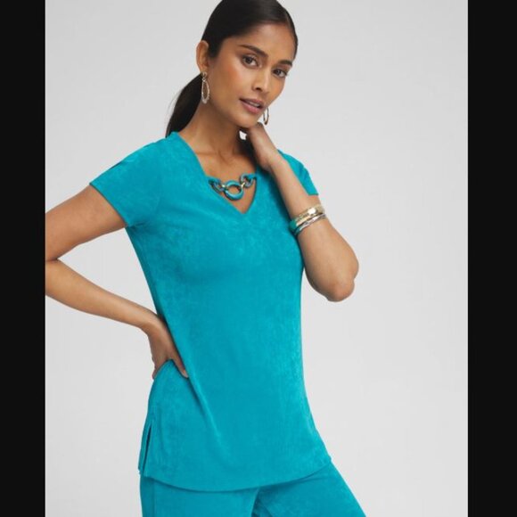 Chico's Tops - Chicos Sz 2 Chain Detail Slinky Knit Top Womens Large L Blue Shirt Stretch X02X